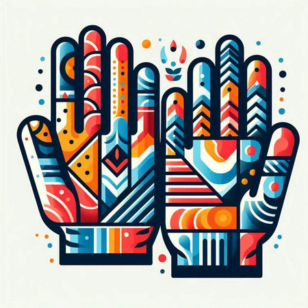 Colorful abstract vector illustration of human hands in ethnic tribal style.のイラスト素材