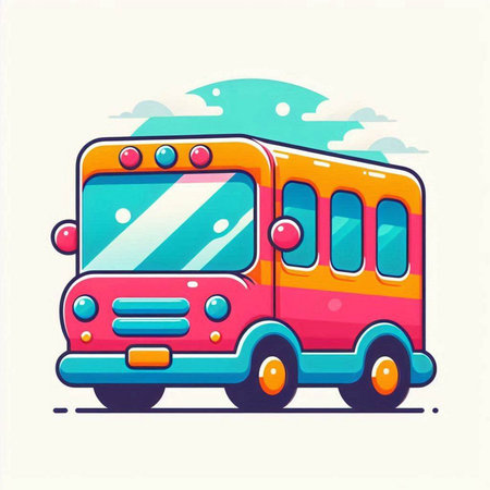 Colorful school bus on white background. Vector illustration in cartoon style.のイラスト素材