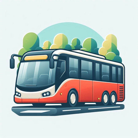 Vector illustration of a city bus on a background of green trees.のイラスト素材