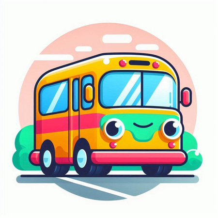 Cute school bus with funny face. Vector illustration in cartoon styleのイラスト素材