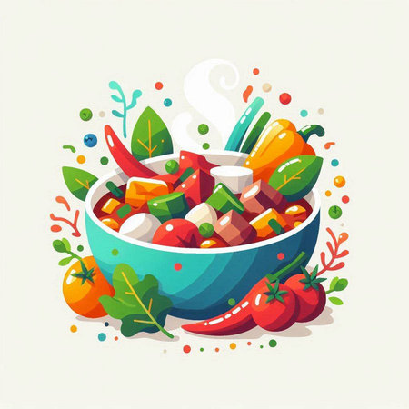 Vector illustration of a bowl of vegetable salad with tomato, pepper, onion, cucumber and basil.のイラスト素材