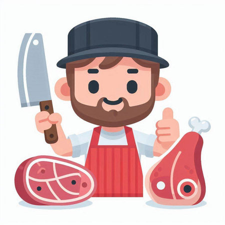 Butcher man with meat and knife. Vector illustration in cartoon styleのイラスト素材