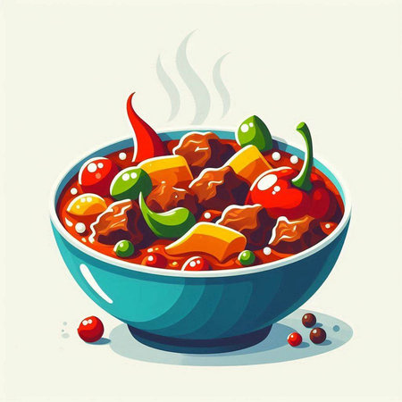 Illustration of a bowl of beef stew with pepper and tomato sauceのイラスト素材