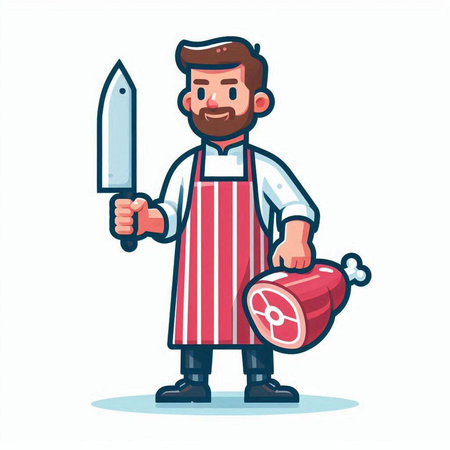 Butcher holding knife and meat. Vector illustration in cartoon style.のイラスト素材