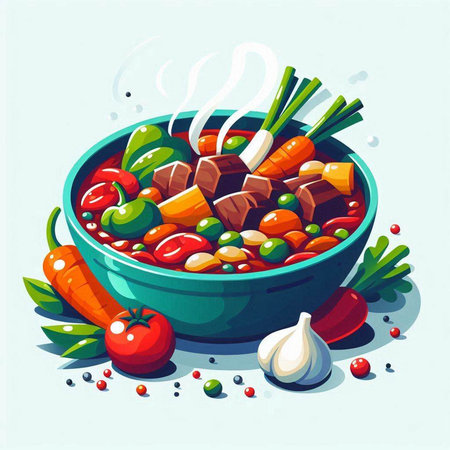 Illustration of a bowl of stewed vegetables. Vector illustration.のイラスト素材