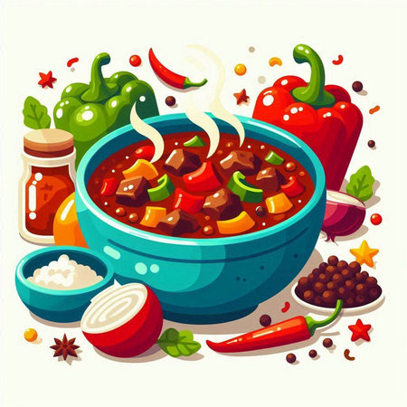 Vector illustration of a bowl of spicy beef stew with vegetables and spicesのイラスト素材
