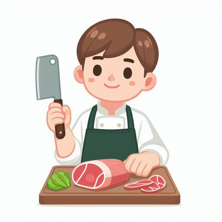 Illustration of a Kid Boy Slicing Ham on a Cutting Boardのイラスト素材