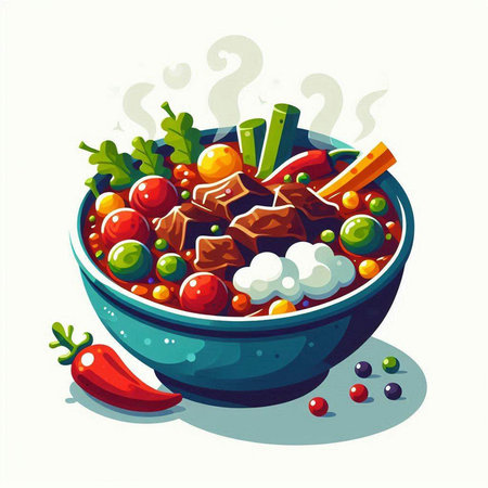 Bowl of stewed beef meat with vegetables. Vector illustration.のイラスト素材