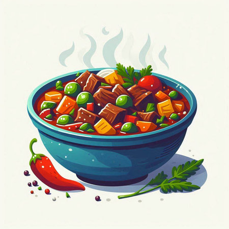 Beef stew with vegetables and spices in a bowl. Vector illustration.のイラスト素材