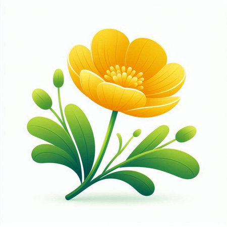 Illustration of a yellow flower with green leaves on a white backgroundのイラスト素材