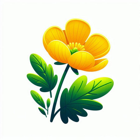 Vector illustration of a yellow flower with green leaves on a white backgroundのイラスト素材