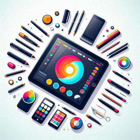 Colorful vector illustration of graphic designer workspace with tablet, mobile phone, pencils, paints and other items.のイラスト素材