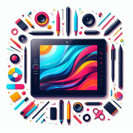 Tablet computer with colorful graphic design elements on white background. Vector illustration.のイラスト素材