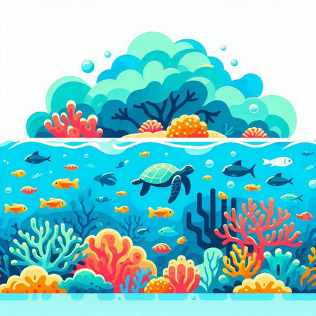 Underwater scene with corals, fish and turtle. Vector illustrationのイラスト素材