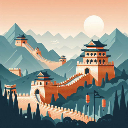 Chinese ancient city wall with chinese lanterns, vector illustration.のイラスト素材