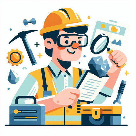 Worker in hardhat and overalls with various tools. Vector illustrationのイラスト素材
