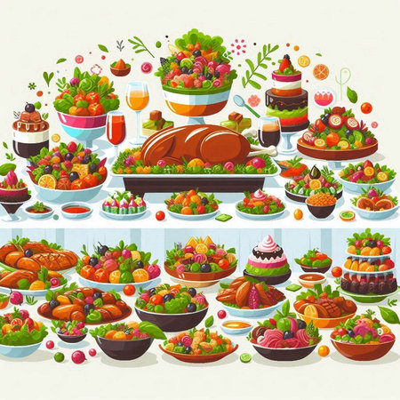 Vector illustration of a set of different food dishes for Thanksgiving Day.のイラスト素材