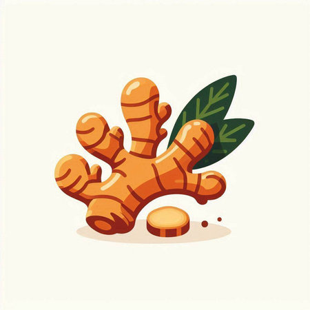 Ginger root with leaves. Vector illustration in flat cartoon style.のイラスト素材