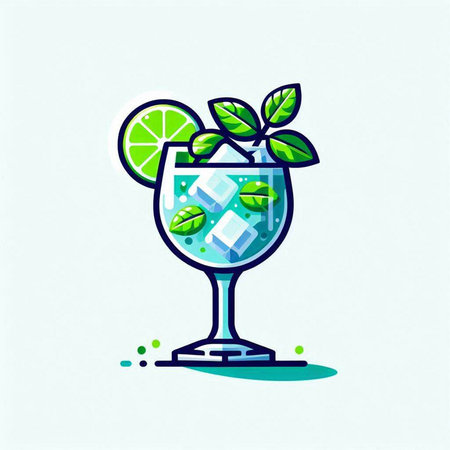 Cocktail drink with lime, mint leaves and ice cubes. Vector illustration.のイラスト素材