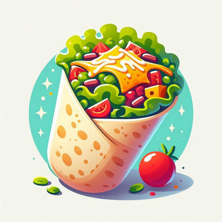Illustration of a tortilla with salad, tomato and cucumberのイラスト素材
