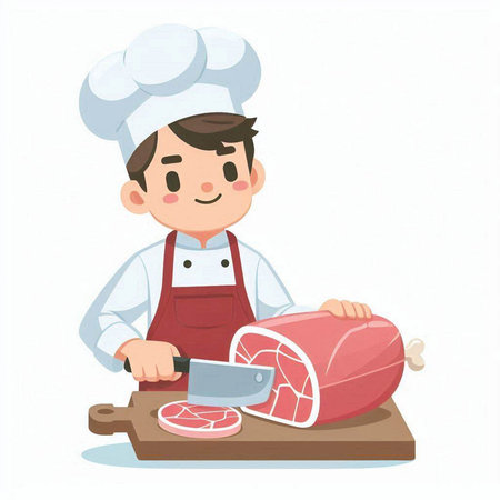Chef cooking meat on cutting board. Vector illustration in cartoon styleのイラスト素材