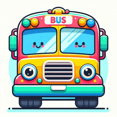 Cute school bus with eyes, mouth and nose. Vector illustration.のイラスト素材