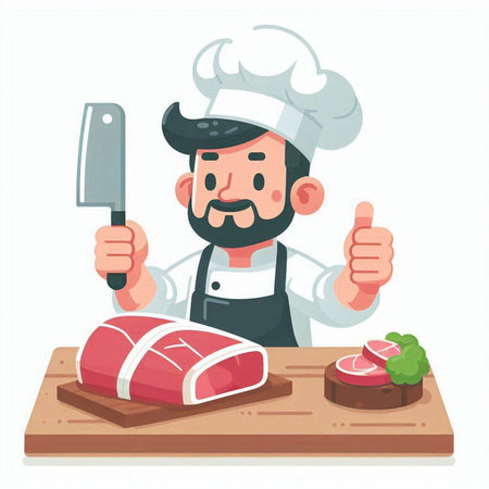 Chef with a knife and meat. Vector illustration in cartoon styleのイラスト素材