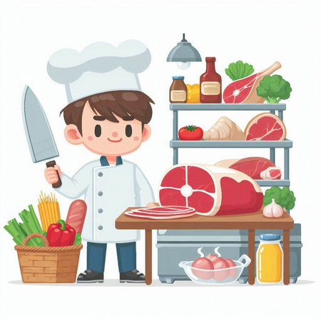 Cute boy chef in uniform with meat and vegetables. Vector illustrationのイラスト素材