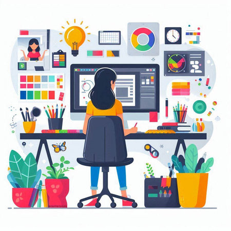 Creative graphic designer working at her desk. Vector illustration in flat styleのイラスト素材