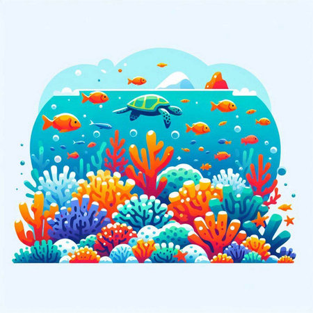 Underwater landscape with corals and sea animals. Vector illustration.のイラスト素材