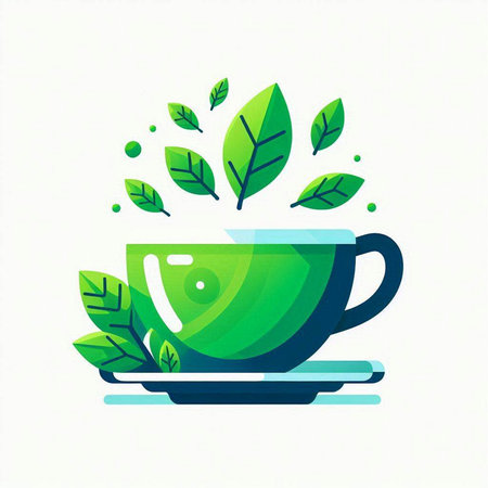 Cup of tea with green leaves on white background. Vector illustration.のイラスト素材