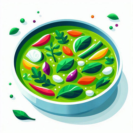 Spinach soup with vegetables and greens in bowl. Vector illustration.のイラスト素材