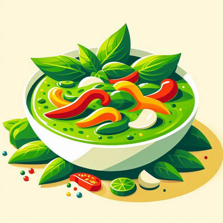 Green pesto sauce in bowl with herbs and spices. Vector illustration.のイラスト素材