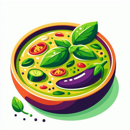 Illustration of a vegetarian soup with eggplant, tomato, basil and pepperのイラスト素材