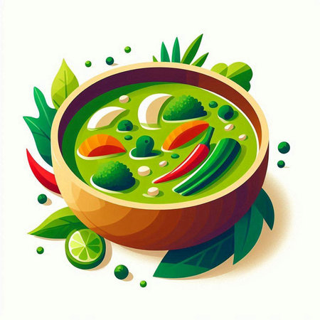 Green curry in wooden bowl with herbs and spices. Vector illustration.のイラスト素材