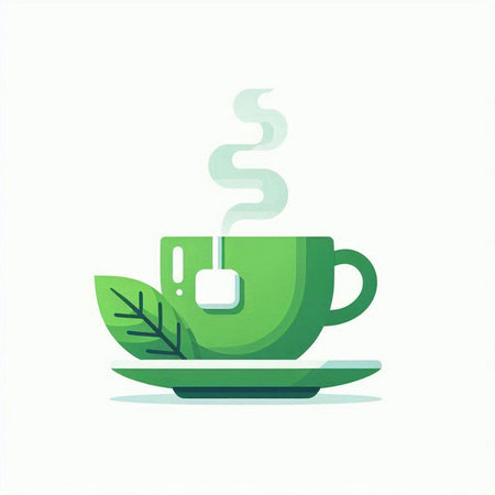 Green tea cup with tea bag. Vector illustration in flat style.のイラスト素材
