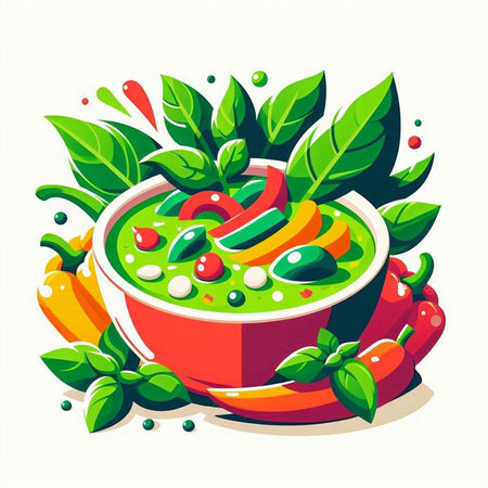 Pesto soup with fresh vegetables in bowl. Vector illustration.のイラスト素材