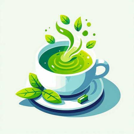 Cup of matcha tea with green leaves. Vector illustration.のイラスト素材