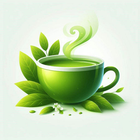 Cup of green tea with leaves and flowers. Vector illustration.のイラスト素材