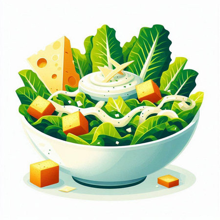 Salad with cheese and greens in a bowl. Vector illustration.のイラスト素材