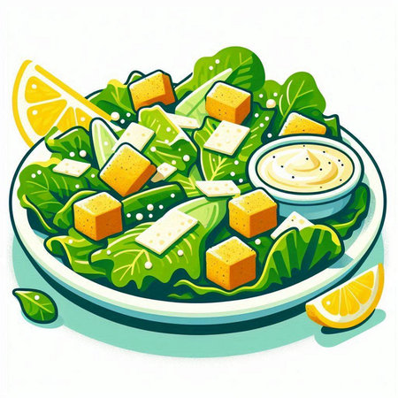 Salad with cheese, lettuce, lemon and sauce. Vector illustrationのイラスト素材