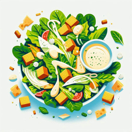Salad with cheese, herbs and sauce. Healthy food. Vector illustrationのイラスト素材
