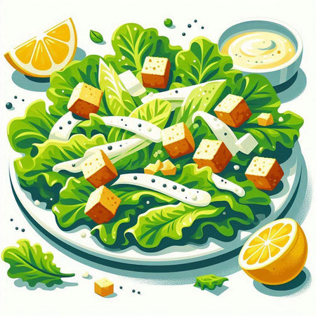 Salad with cheese, lettuce, lemon and sauce. Vector illustrationのイラスト素材