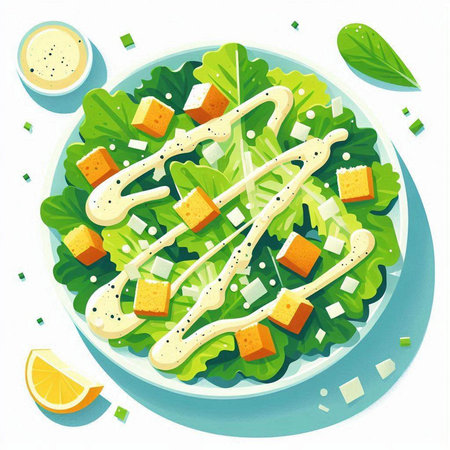 Salad with cheese, lettuce, greens and sauce. Vector illustrationのイラスト素材