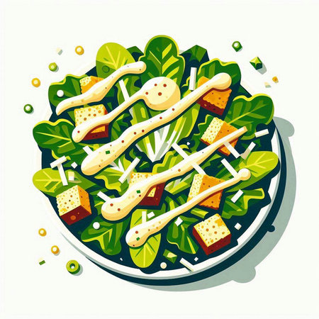 Salad with cheese, lettuce and croutons. Vector illustration.のイラスト素材