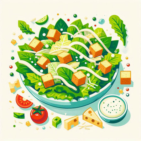 Salad with lettuce, cheese, tomato and cucumber. Vector illustration.のイラスト素材