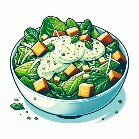 Illustration of a bowl of salad with lettuce, cheese and sour creamのイラスト素材