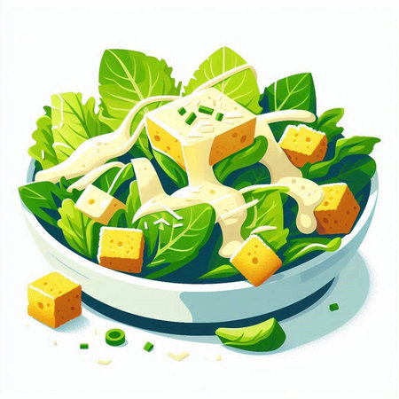 Salad with cheese and greens in a bowl. Vector illustration.のイラスト素材