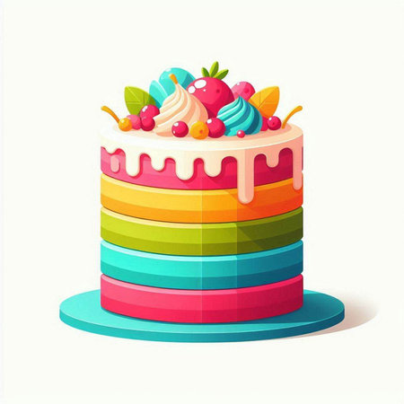 Rainbow cake with cream and berries on a white background. Vector illustration.のイラスト素材