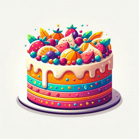 Birthday cake with orange, mandarin, berries and chocolate. Vector illustration.のイラスト素材
